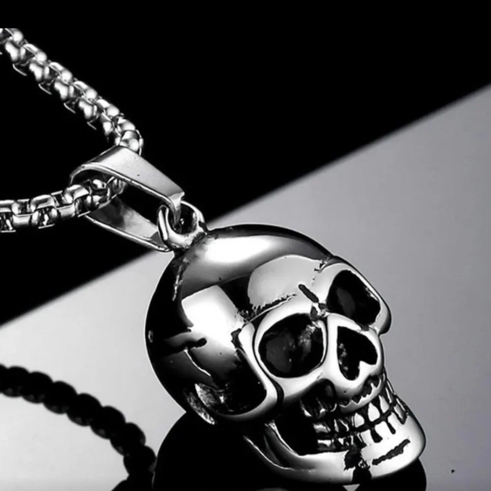 Silver Skull Pendant Necklace Steampunk Goth Biker Punk Jewelry NWT